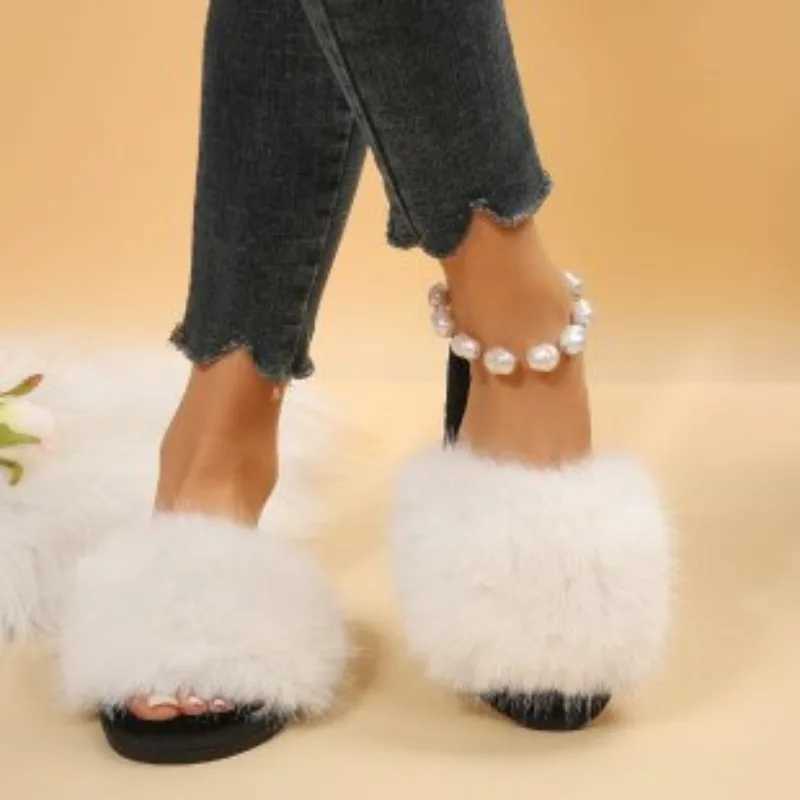 Winter 2024 womens Fi fur slider fluffy cute plush womens luxury outdoor non slip durable flat bottom sliderXJ250407