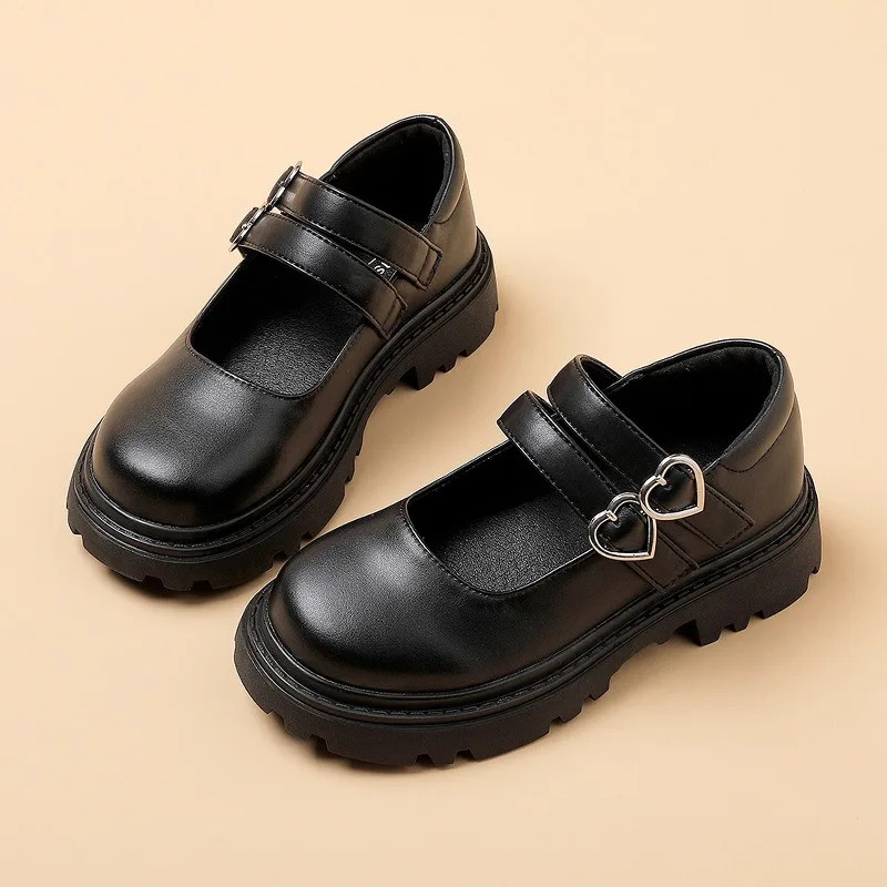 Girls Chunky Platform Mary Jane Shoes Childrens Heart Buckle Strap Thick Heels Pumps Woman Black Patent Leather Lolita Shoes 250407