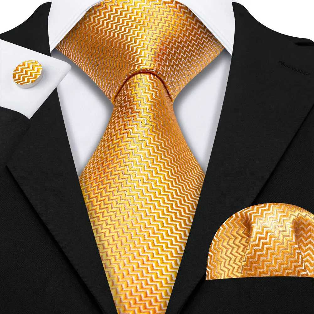 Classic Gold Silk Men Necktie Fashion Stripe High Quality Handkerchief Cufflinks Set Wedding M Ties Business Party Barry. X250407