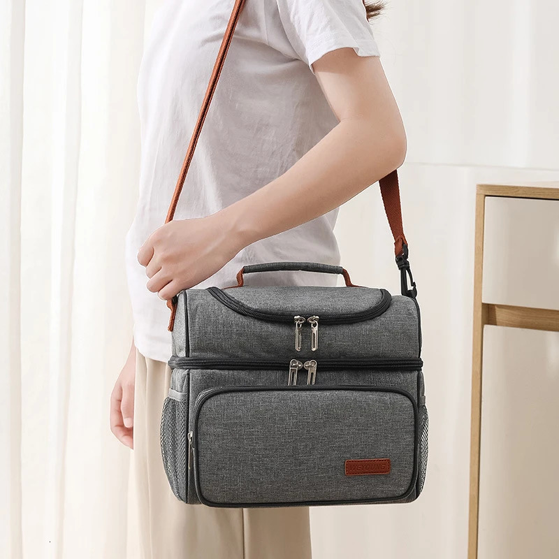 Portable Double Layer Bento Lunch Bag Large Capacity Picnic Insulation Bags Tote Shoulder Lunbox Drink Thermal Bag For Lunch 250407