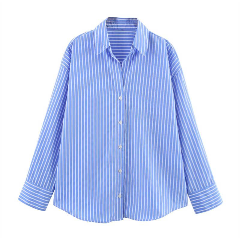 2025 Spring/Summer New Product Women's Fashion Stripe Versatile Collar Long Sleeve Shirt Collar Buckle Decoration