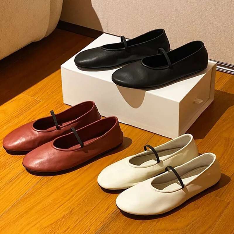 Round Toe Mary Janes For Women Elastic Band Solid Color Shallow Flat Female Concise Designer New Brand Girls Shoes