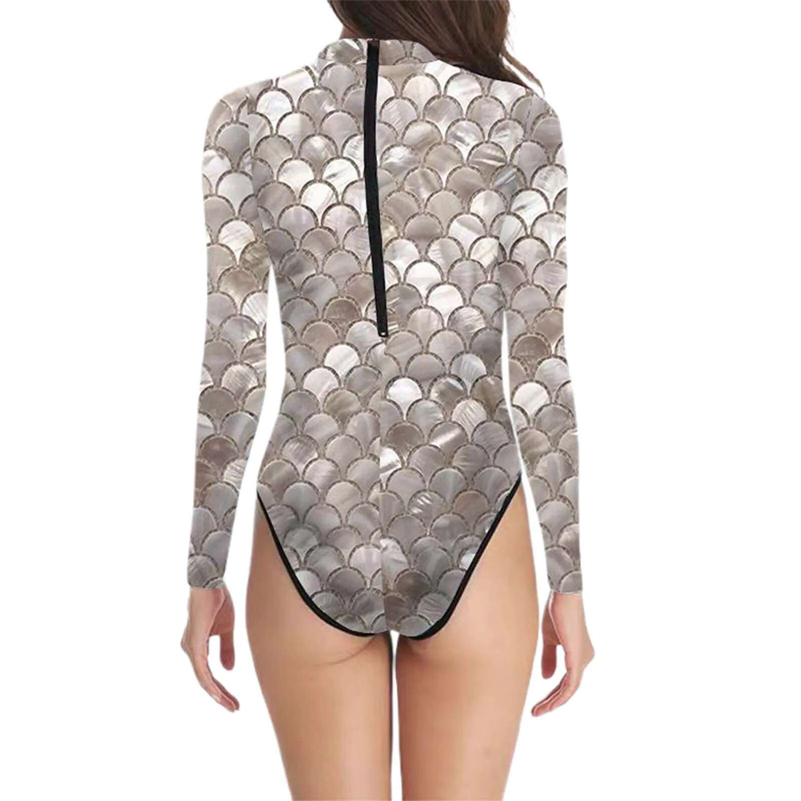 Dongdumaoyi Womens One Piece Bathing Suits Long Sleeve Fish Scale Print Mermaid Swimsuit Beach Pool Party Diving Surfing Swimwear Rashguard