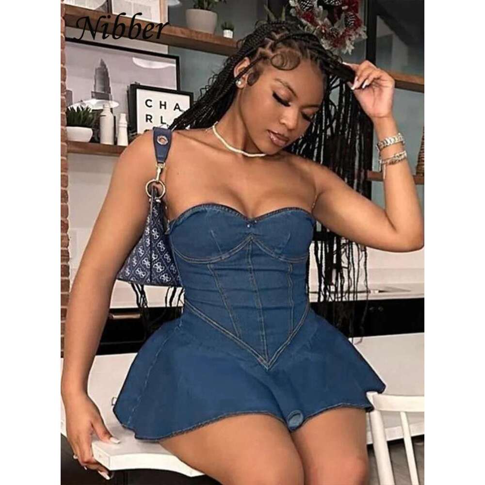 Nibber Denim Pleated Mini Dress Women Solid Wrapped Chest Sleeveless Classic Summer Trend Vestidos Female Concise Street Robe
