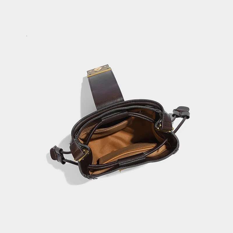 Meet You Women Vintage Buckle Drawstring Bucket Simple PU Material Small Handbag Solid Color OL Daily Commuter Crossbody Bag