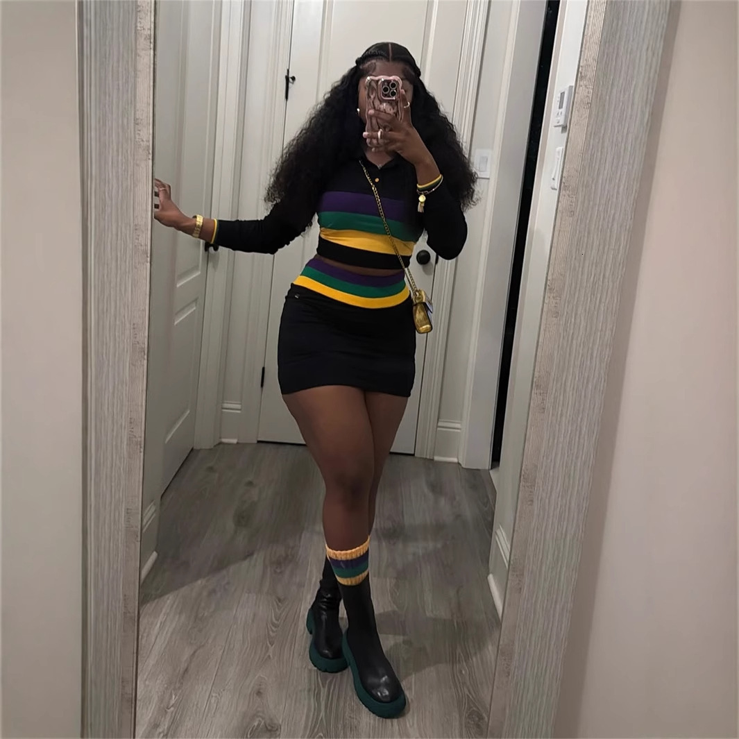 2025S Designer Women S Set New Fashion Striped Contrasting Lapel Casual Tight And Sexy Long Sleeved Top Hip Hugging Short Skirt Set