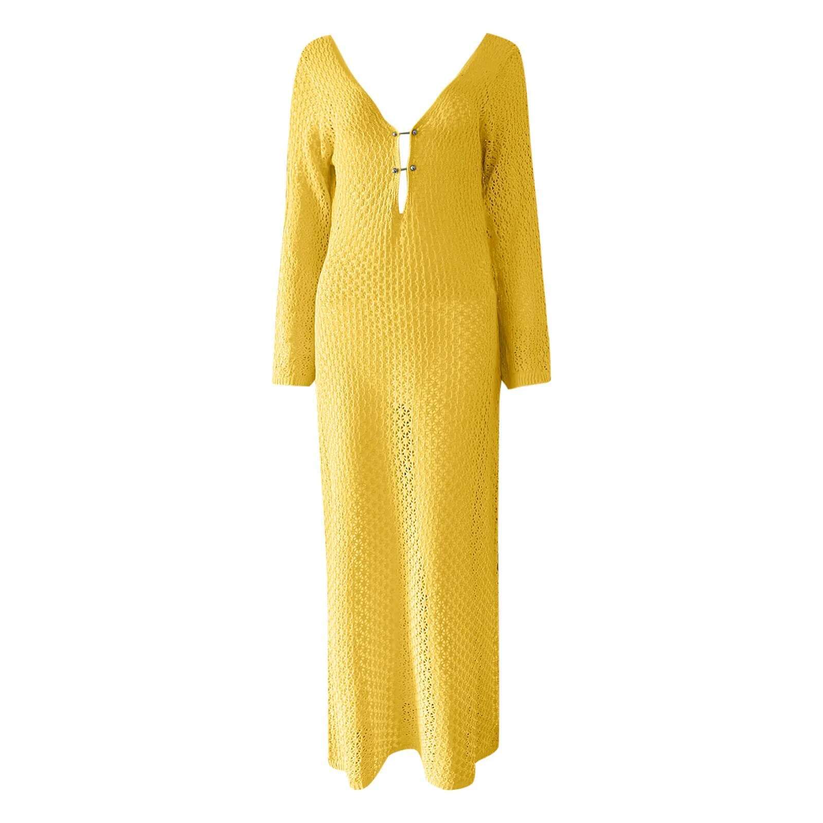 Dongdumaoyi Sexy Women Long Knit Beach Dress Hollow Out Deep V Neck Sleeve Bikini Cover Ups Backless Holiday Yellow