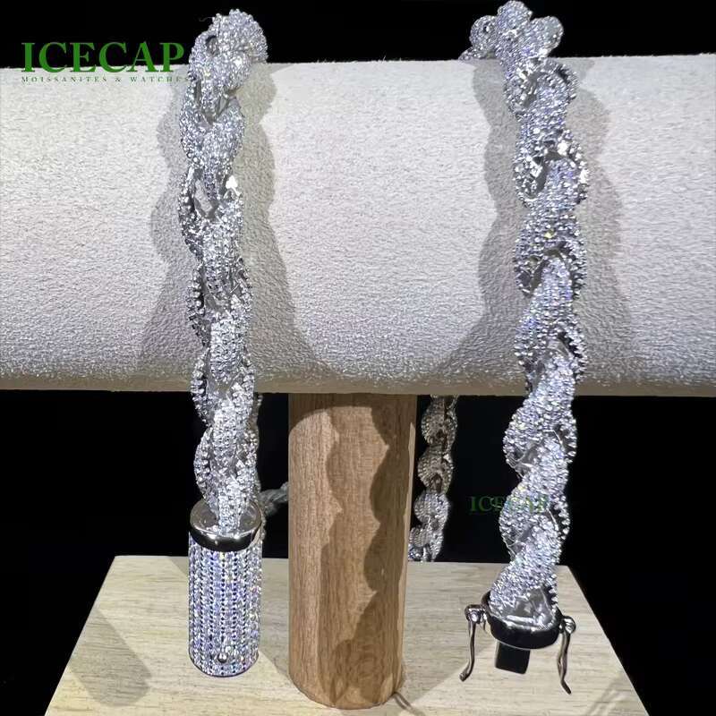 Silver 925 Jewelry 8mm Moissanite Rope Chain Necklace Ice Out Hiphop Men White Gold Color Moissanite Necklace
