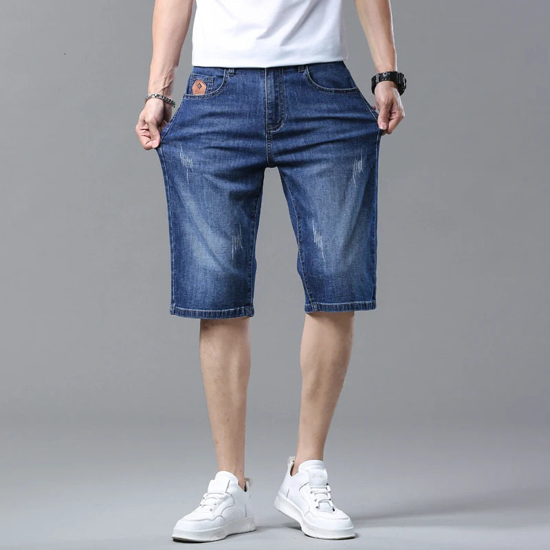 Mens shorts summer straight denim blue business fashion office casual cotton mens clothing elastic pants 250409