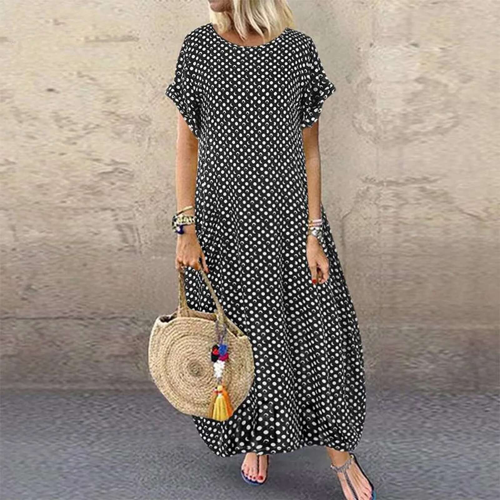 Dongdumaoyi Summer Maxi Dress Women S Vintage Dot Printed Loose Sundress Casual Short Sleeve Beach Party Boho Long Dresses Robe Vestidos