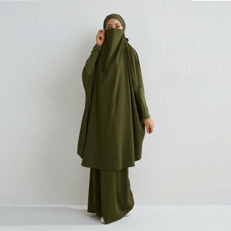 Muslim Set Two Piece Prayer Dress Long Hooded Smoking Sleeve Headscarf Loose Skirt Elastic Waist Womens Abaya 250409