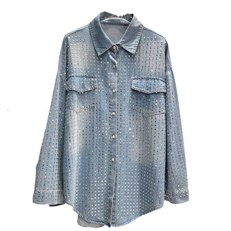 Korean style light luxury high-end autumn 2024, new blue crystal rhinestone polo collar shirt for women