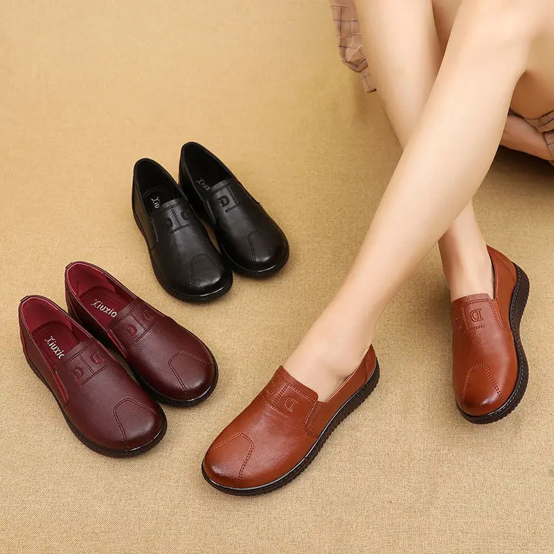 Women Genuine Leather Shoes Spring Autumn Brown Female Casual Shoes Black Mom Ladies Cozy Classic Leisure Loafer Shoes 250402