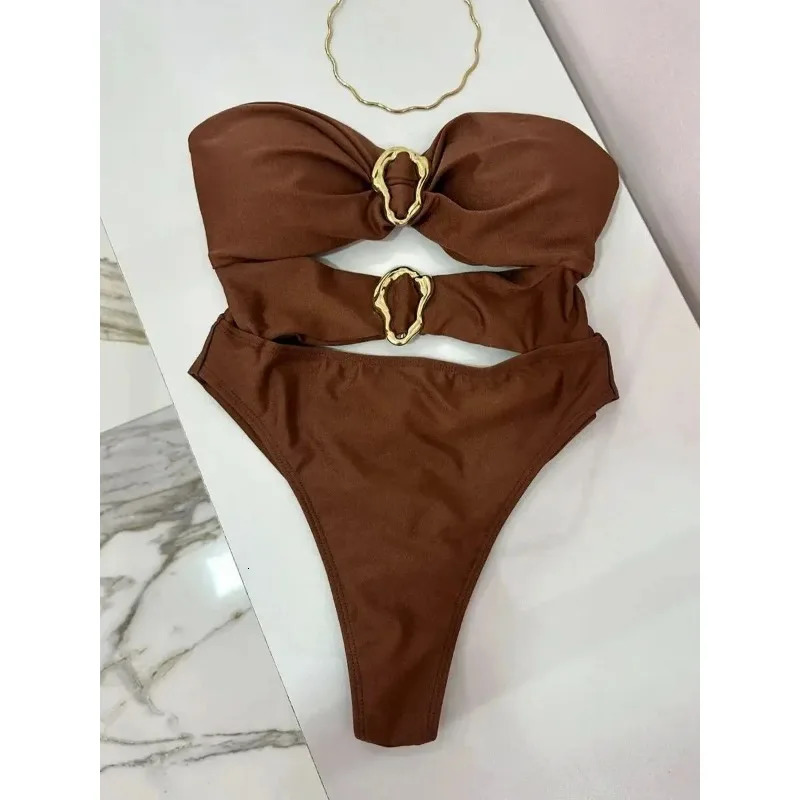 3color sexy metal ring cut womens onepiece swimsuit Bandeau long leg bathtub B022D 250409