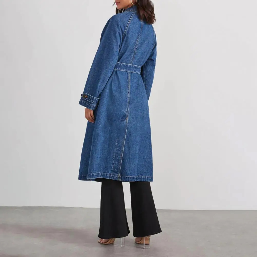 Womens long denim jacket for autumn and winter British style double layered lapel sleeved with windproof cover 250409