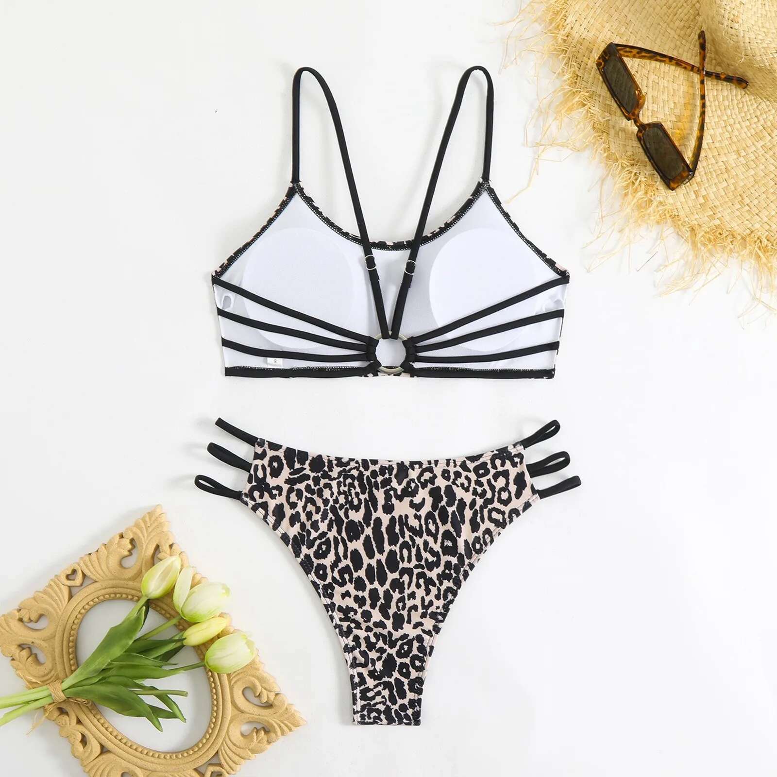 Dongdumaoyi Sexy Leopard Bandeau Bikini Push Up String Back Bikinis Women Brazilian Swimwear Ring Linked Bathing Suit Swimsuit Beach Wear