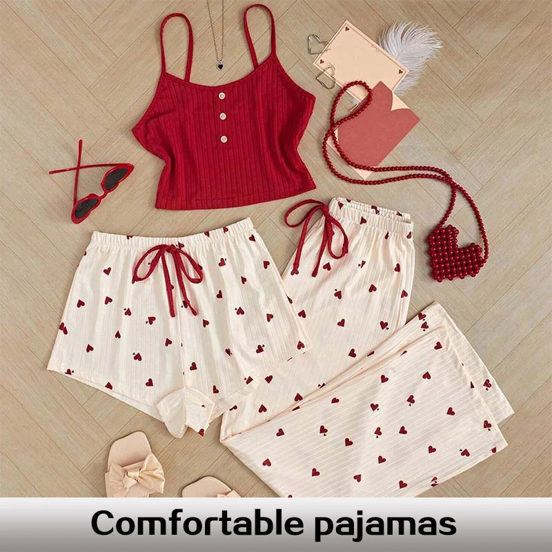 Three piece printed vest shorts and collar drawstring pants casual womens cute heartshaped print with family pajamas set 250409