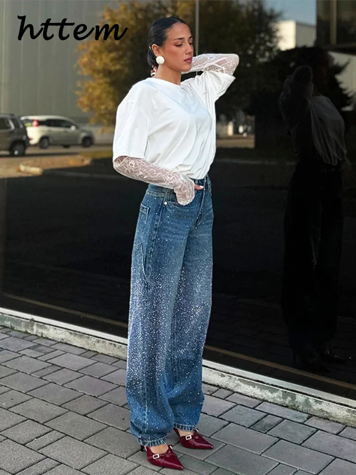 Fashion Womens Rhinestone Jeans Casual High Wait Wide Leg Pockets Denim Pants 2025 Spring Lady Y2k Street Baggy Trousers 250408