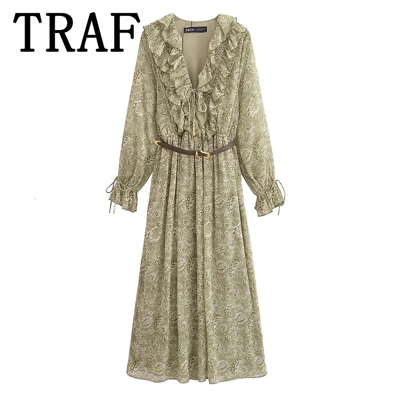TRAF Womens Fashionable Printed Elegant Long Sleeve Dress with Midi Party 250409