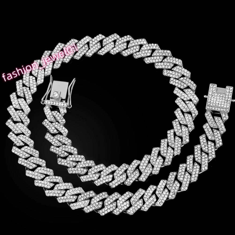Iced Out Cuban Link Chain 2 Row Diamond Cuban Chain Rhombus Prong Cuban Choker Necklaces Women Men Hip Hop Jewelry