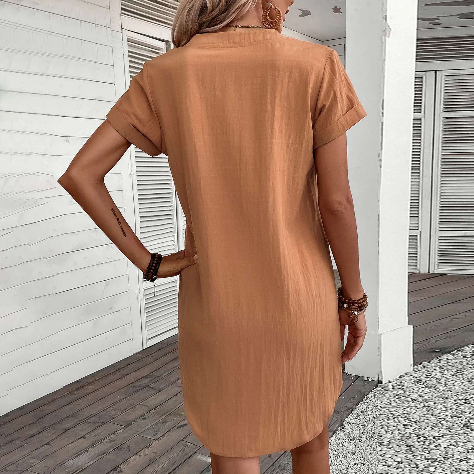 Dongdumaoyi Summer New V Neck Commuter Dress Women Solid Pullover Casual Button Pleated Raglan Short Sleeve Loose Waist Female