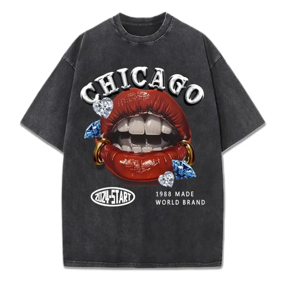 Chicago 1988 Made World Prints Washed T-Shirt Women Cotton T Shirts O-Neck Oversized Acid Wash Tops Summer Woman Clothes 250408