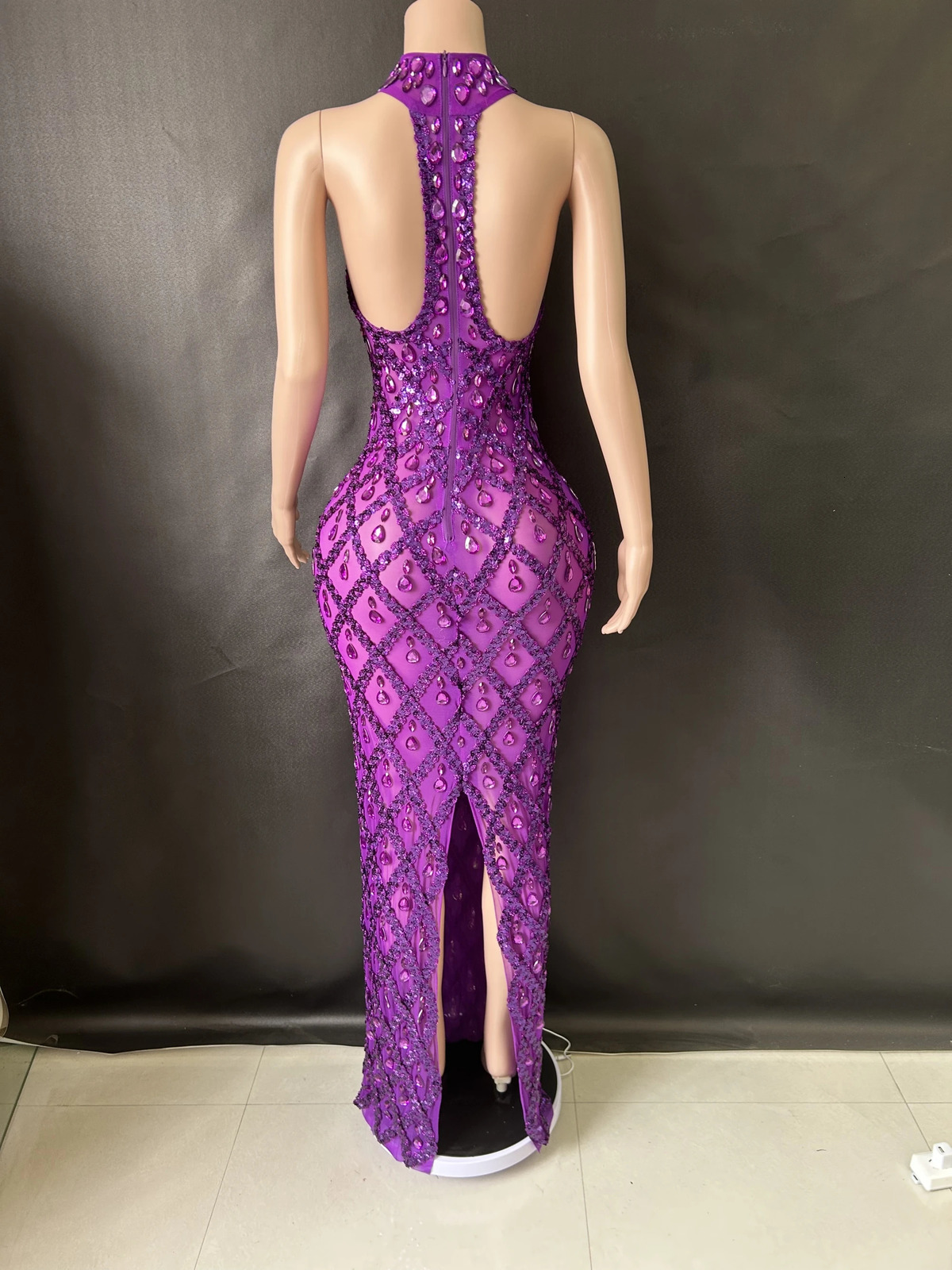 Womens sexy stage sparkling rhinestone sequin dress evening dance party birthday transparent performance singer club host 7G 250409