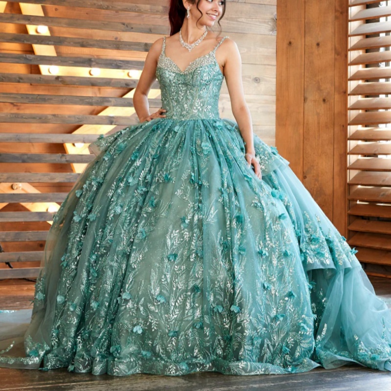 Mint Green Shiny Princess Quinceanera Dresses Spaghetti Strap Sequin Applique Flower Beading Crystal Tull Sweet 16 Dress Ball Gown Vestidos 15 De Anos