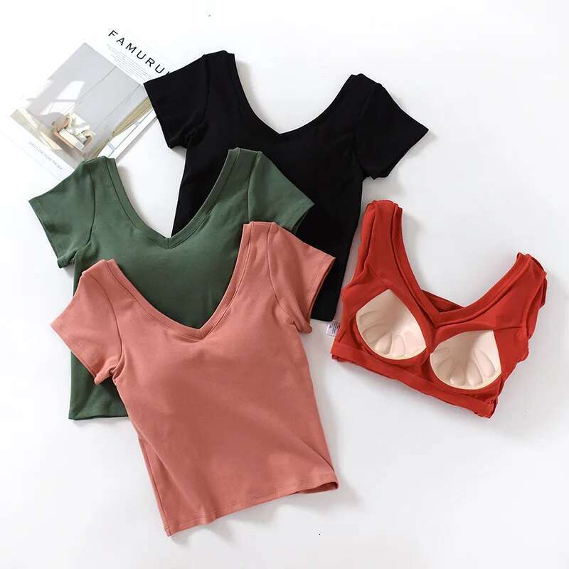 Sexy Cotton Short-Sleeve T-Shirt with Chest Pads Women's Summer One-Piece Short V-Neck Slim Tops