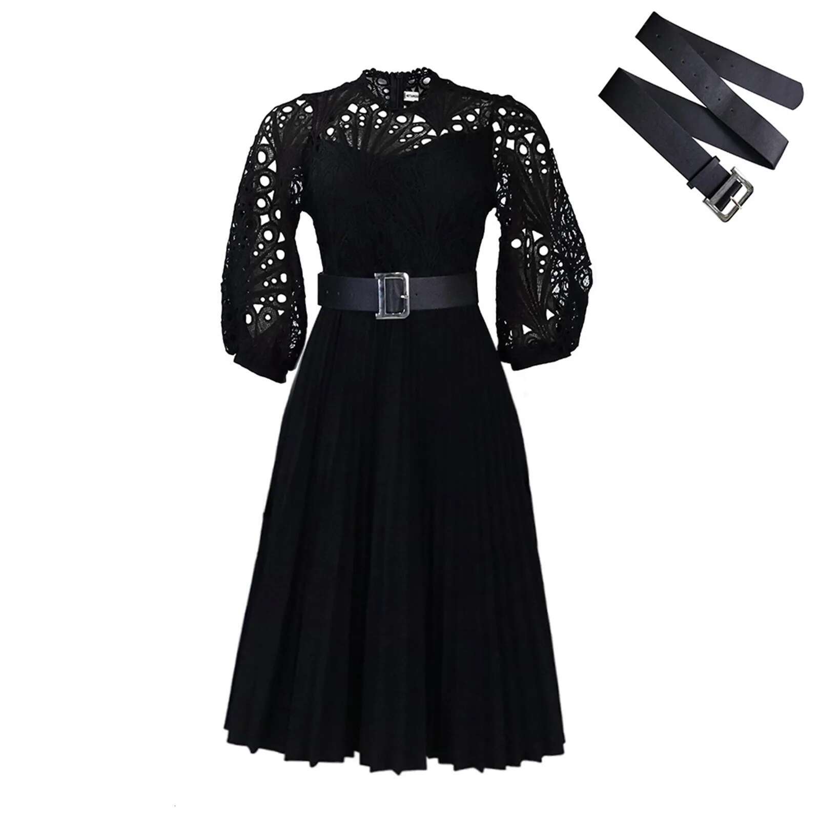Dongdumaoyi Elegant Pleated Dresses Woman New O Neck Lace Patchwork Belt Waisted Mid Calf Luxury Female Birthday Party Dinner Dress