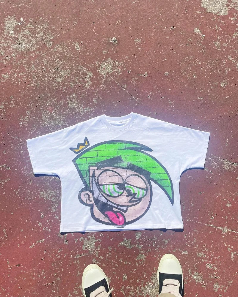 High Street Fashion Crew Neck Short Sleeve Cartoon Printed Womens Oversized Tshirt Y2k Harajuku Retro Couples Shirt 250409