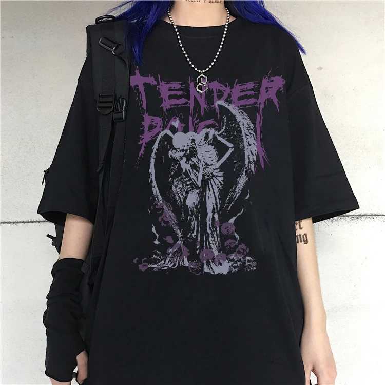 Womens T-shirt Hip Hop Street Clothing Top Gothic Devil Angel Retro Printed T-shirt Womens Summer Punk Oversized T-shirt Casual T-shirtXJ250409
