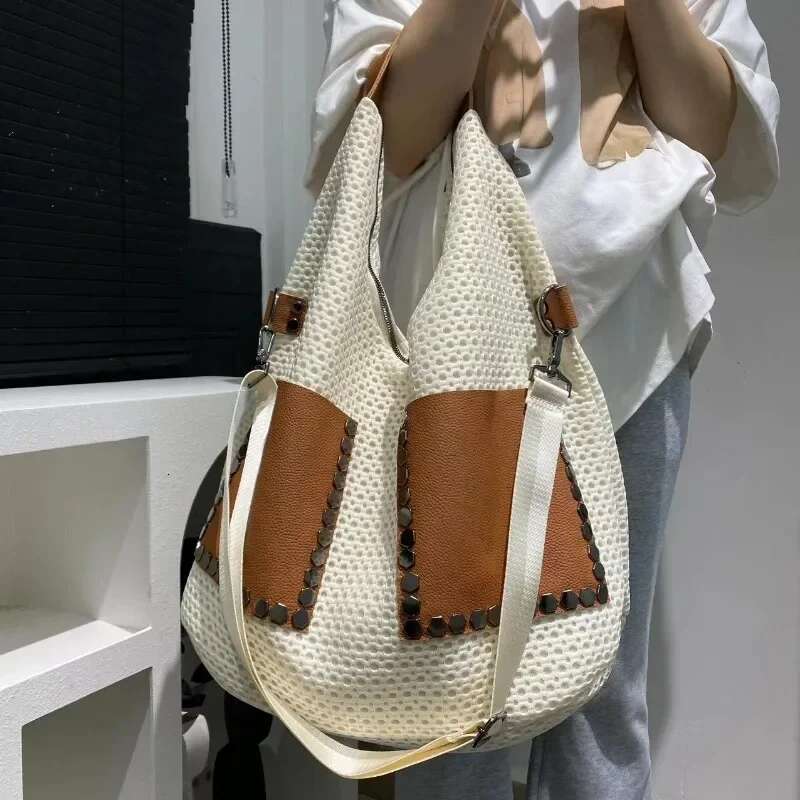 Women's Fashionable Retro Mesh Patchwork Cowhide Tote With Large Capacity Single Shoulder Crossbody Carrying Bag
