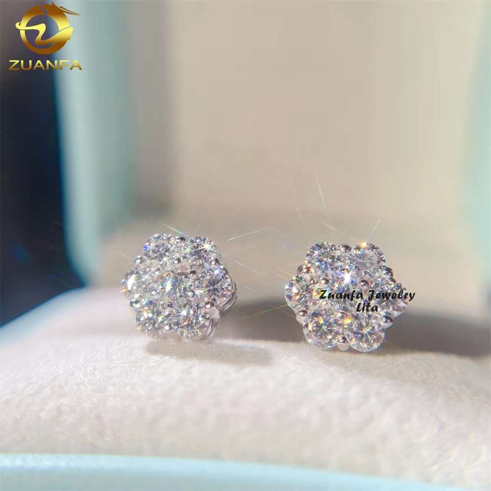 Pass Diamond Tester Screw Back Fashion 925 Sterling Silver Flower Moissanite Earrings