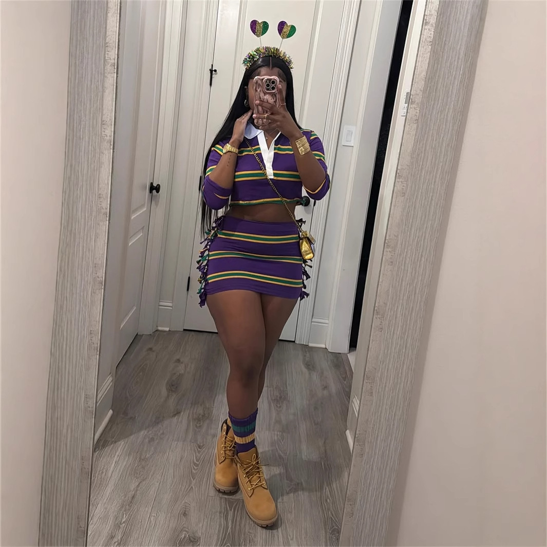 2025S Designer Women S Set New Fashionable Street Casual Lapel Striped Contrasting Color Exposed Navel Top Hip Hing Short Skirt Set