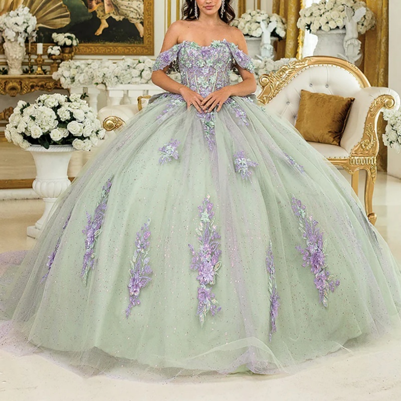 Green Shiny Princess Quinceanera Dresses Off Shoulder Applique Lace Beading Crystal Bow Tull Sweet 16 Dress Ball Gown Vestidos 15 De Anos