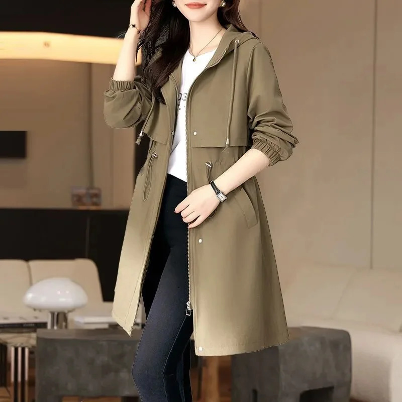 Spring and summer womens zipper windproof cover ultrathin hooded jacket solid color casual medium long trench coat 250409