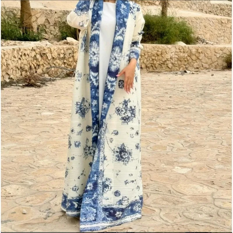 Abaya ethnic style printed pleated long cornered jacket Miyake womens autumn Muslim big collar tie cardigan 250409