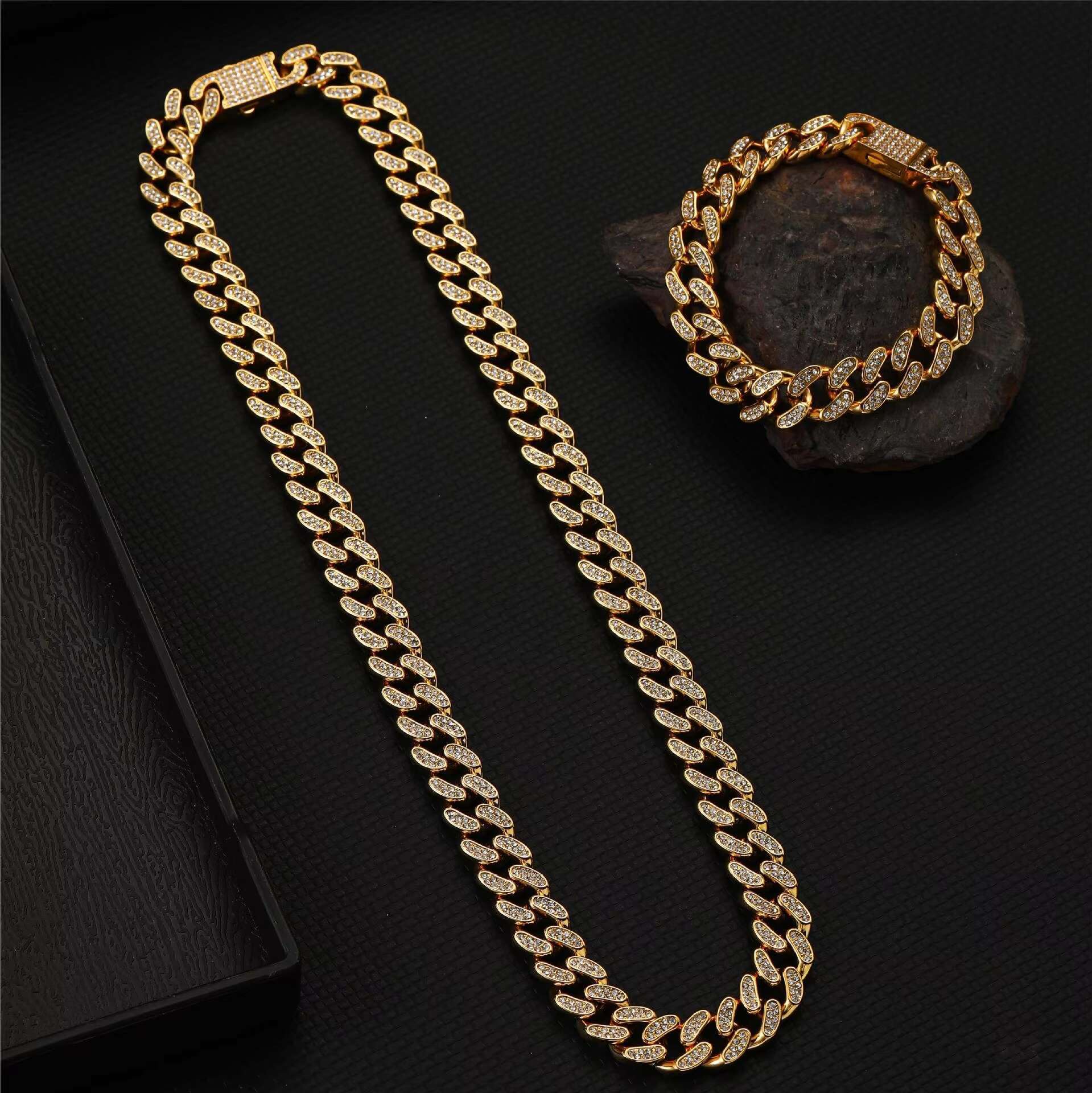Chunky Gold PVD Men Stainless Steel Thick Iced Out Full Stone Bling Jewelry Schmuck Cuban Link Chain Necklace for Men Armband