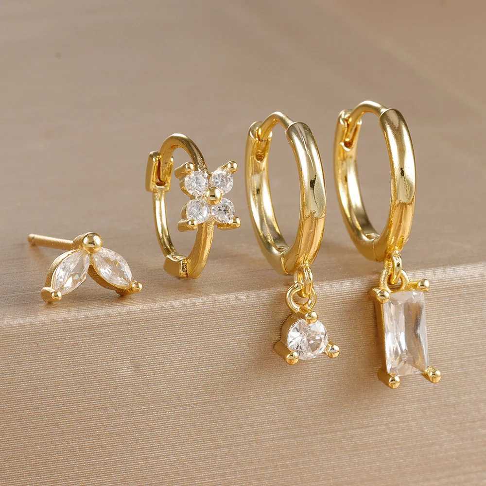 4PCS Flower Square Earrings Set for Women Girl Luxury Zircon Stainless Steel Cartilage Piercing Hoop Earring Statement Jewelry Z250408