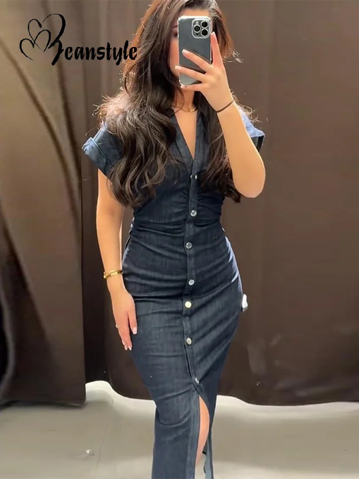 Elegant womens denim dress Vneck front split tight fitting single chest button short sleeved spring vintage clothing 250409
