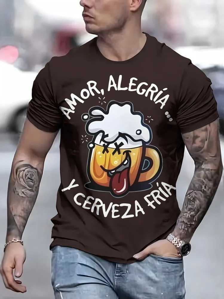 New Cartoon Beer Printed Mens T-shirt Street Style Mens City Fashion Short Sleeve Top Summer Casual Mens T-shirtXJ250409