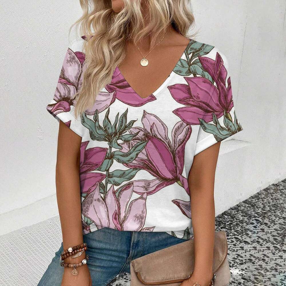 Elegant V-Neck Fashion ral Pattern Print Popular Women's Short Sleeve Summer Leisure T-Shirt