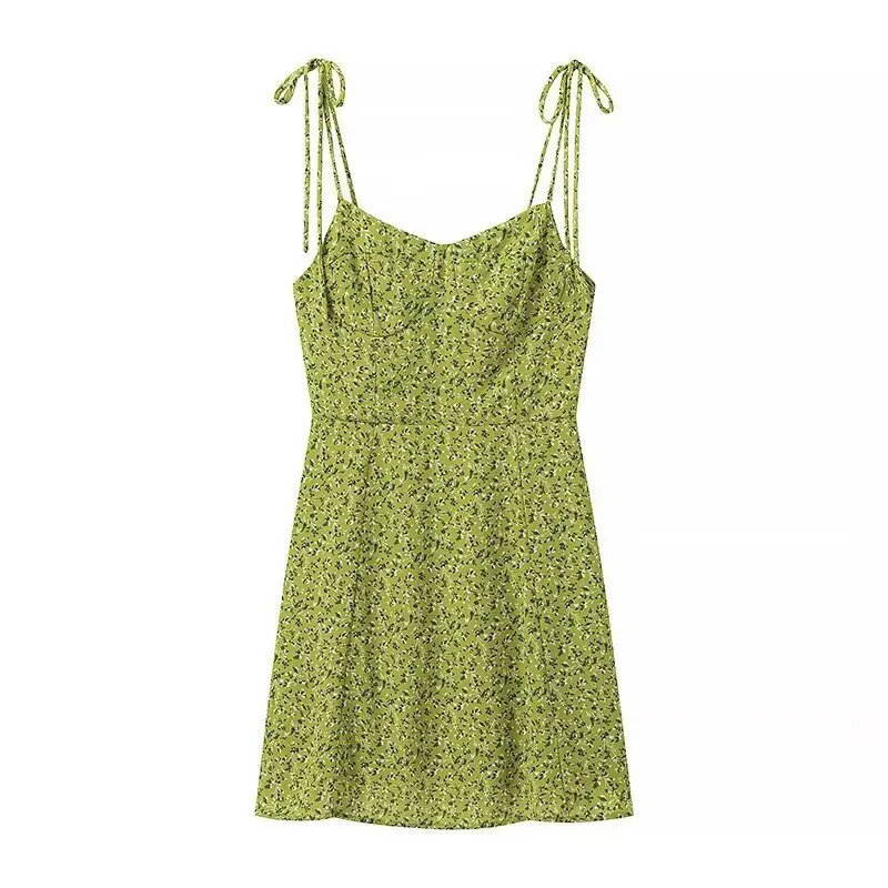 Wxw4840 vintage green printed Aline dress for women ultrathin high waist short pleated mini strapless spaghetti strap sexy 250409