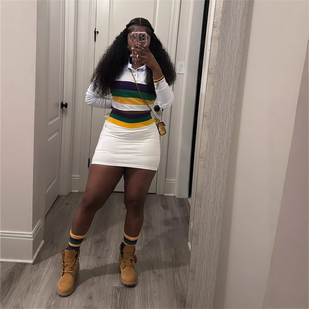 2025S Designer Women S Set New Fashion Striped Contrasting Lapel Casual Tight And Sexy Long Sleeved Top Hip Hugging Short Skirt Set