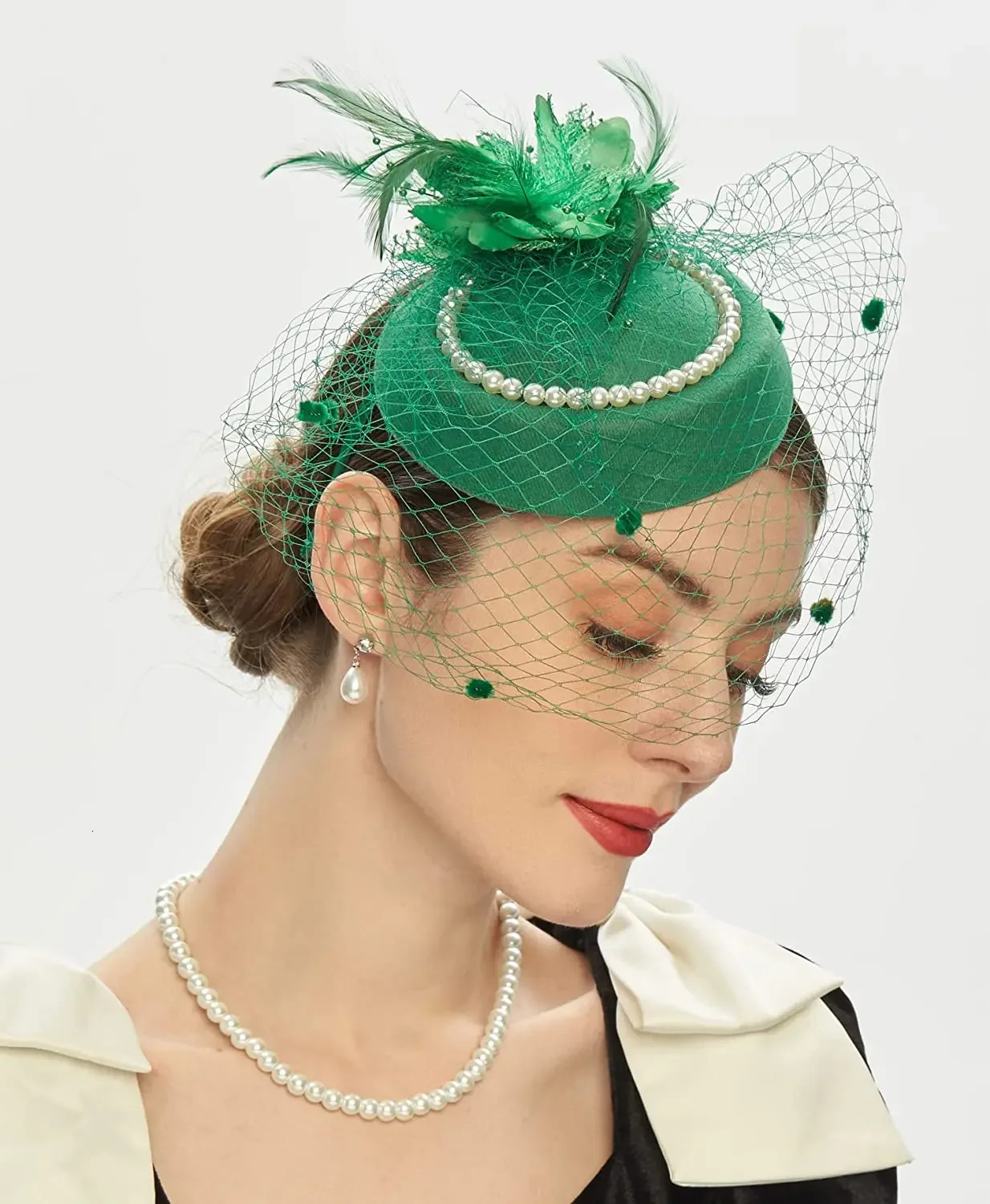 Elegant Pillbox Hats 20s 50s Vintage Pearl Fascinators Hat for Women with Feather Mesh Veil Clip Bridal Wedding Tea Party 250409