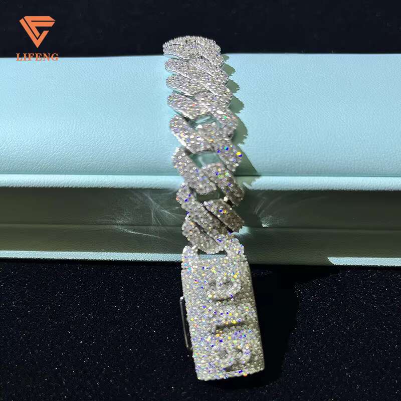 Lifeng Jewelry Custom Name Cuban Link Chain Bracelet Ice 14MM 2rows VVS Moissanite Silver White Gold Plated Cuban Chain