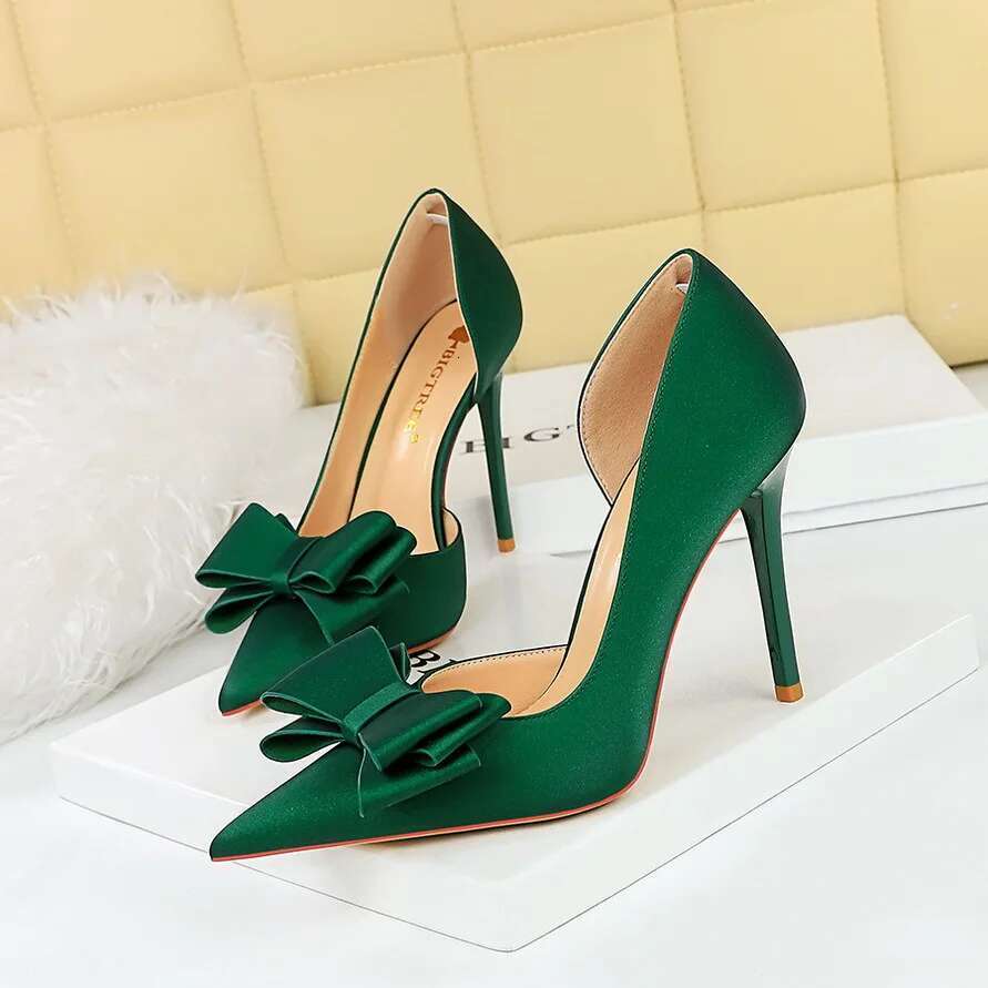 BIGTREE Fashion Party Female Pumps Wedding Purple Pink Solid Silk Elegant Women's Heels Shallow Side Hollow Butterfly-Knot Shoes