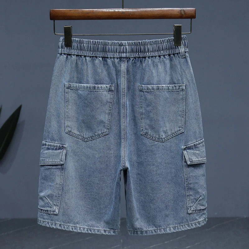 M5XL summer denim shorts mens pure cotton straight elastic waist loose casual cargo clothing fashion 250409