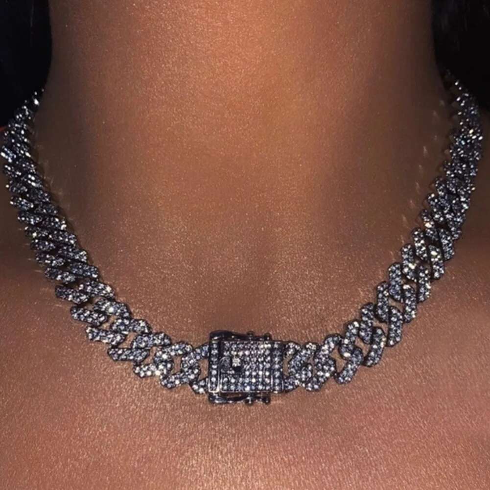 Iced Out Cuban Link Chain 2 Row Diamond Cuban Chain Rhombus Prong Cuban Choker Necklaces Women Men Hip Hop Jewelry